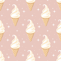 Vanilla ice cream cone vector seamless pattern. Beige and white cartoon ice cream on pink background.