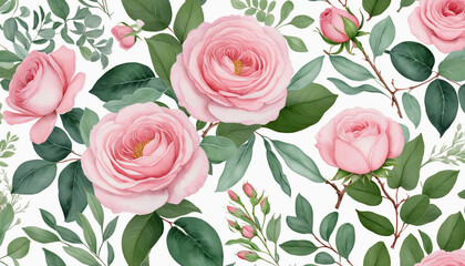 Watercolor elements pink roses, flowers, leaves, eucalyptus, branches set, isolated on transparent background colorful background - obrazy, fototapety, plakaty