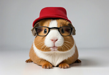 a guinea pig wearing small square glasses looking pleased isolated on a transparent background colorful background