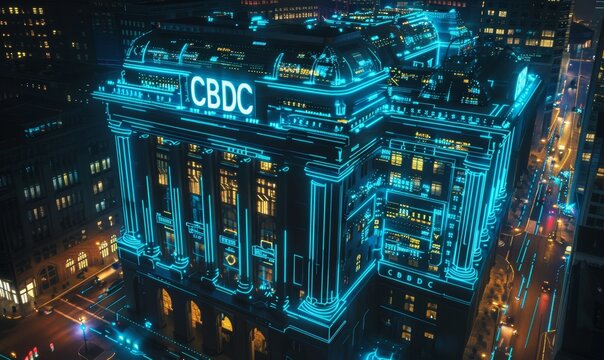 Illuminated Concept Art of Central Bank Digital Currency Building with Cityscape and Cybernetic Features CBDC