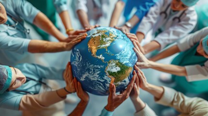 Global Healthcare Commitment Represented by Diverse Doctors Holding the Earth Together