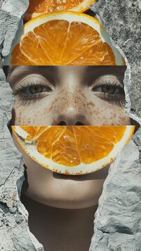 Collage with woman and vivid textures of sliced oranges