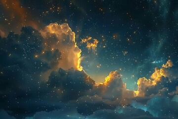 : A cloudy sky morphing into an intricate starry night canvas, while stars fade in and out, in a...