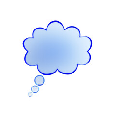 A blue thought bubble graphic on a white background, concept of thinking or dreaming