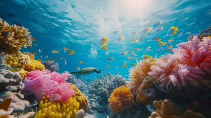 Vibrant underwater coral reef scene bustling with colorful marine life and streaming sunlight beams