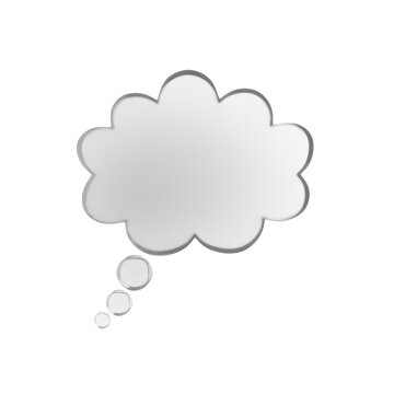 A grey thought bubble with a fading tail displayed on a white background, representing the concept of thinking or dreaming