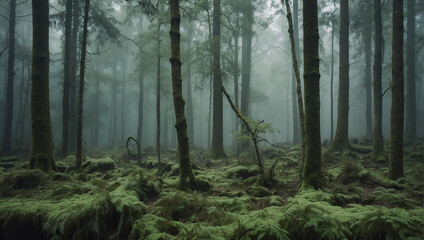 A dark and foggy forest with tall tress and green moss on the ground.  
