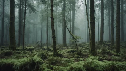 Cercles muraux Kaki A dark and foggy forest with tall tress and green moss on the ground.  
