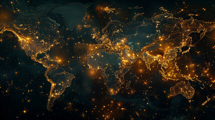 Global Business Concept with Golden Lights on World Map Background - obrazy, fototapety, plakaty