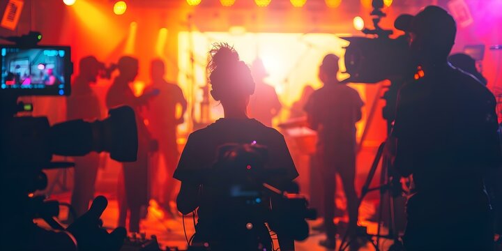 Silhouette of film crew working together behind the scenes on a TV commercial in a studio. Concept Film Crew, Behind the Scenes, TV Commercial, Studio Setting, Silhouette Shot