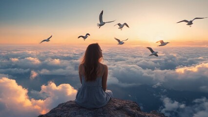 Beautiful Young Woman On Clouds In Sky. seagulls in the sky
