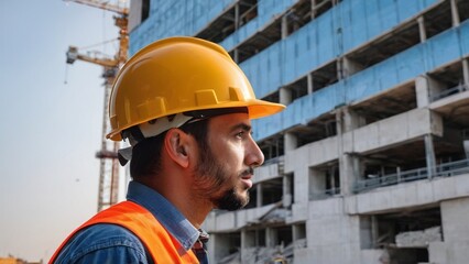 A construction site laborer standing in a safety vest and helmet, pondering on a construction site. Portrait of a laborer or architect