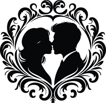 recommend clip art: couple silhouette with Victorian flowers ornament decoration, black and white cutout design.