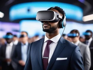 Fotobehang Young businessman tries out vr glasses An African-American man in a suit uses virtual reality © Alexander