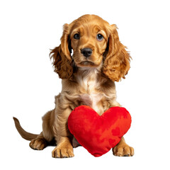 Puppy Holding Red Heart on White Background