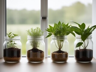 Houseplants in glass jars on the window