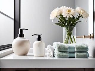 Obraz na płótnie Canvas Skin care products in a white bathroom with a towel. Vase with flowers, jars with cosmetics for washing up