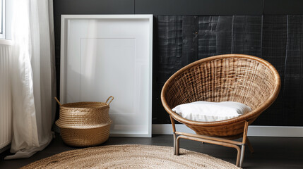 Modern Wicker Chair and Blank Frame in a Dark Textured Room