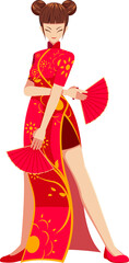 Chinese Girl in a Red Traditional Chinese Dress Holding a Folding Fan with a Kung Fu and Elegant Pose Type 4