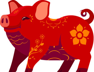 Year of The Pig Chinese Zodiac Symbol with Ornamental Patterns Character Design. Happy Chinese New Year