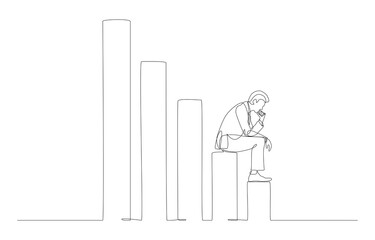 Continuous one line drawing of depressed businessman sitting on downtrend bar graph, economic recession, investment failure concept, single line art.