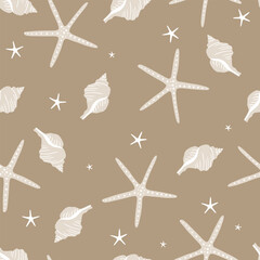Seashells and starfish seamless pattern. For fabric summer - obrazy, fototapety, plakaty