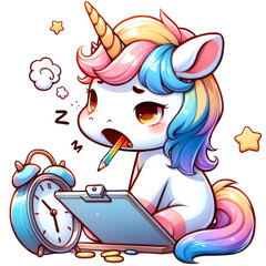 Cute unicorn, designed with a theme of boredom, bright and soft watercolor style. Illustration on a transparent background.
