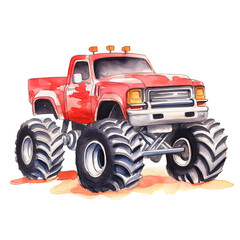 AI-generated watercolor red Monster truck clip art illustration. Isolated elements on a white background.	