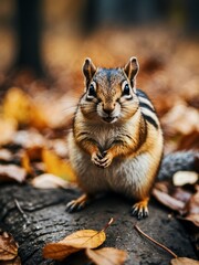 portrait of chipmunk on outdoor park in city at autumn with trees on background looking at camera from Generative AI