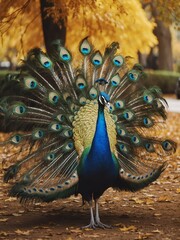 Obraz premium portrait of colorful peacock on outdoor park in city at autumn with trees on background looking at camera from Generative AI