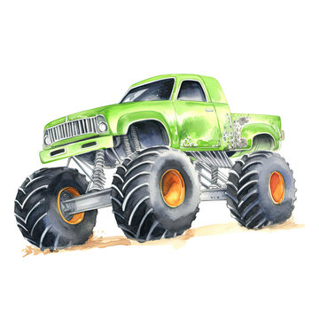 AI-generated watercolor green Monster truck clip art illustration. Isolated elements on a white background.	