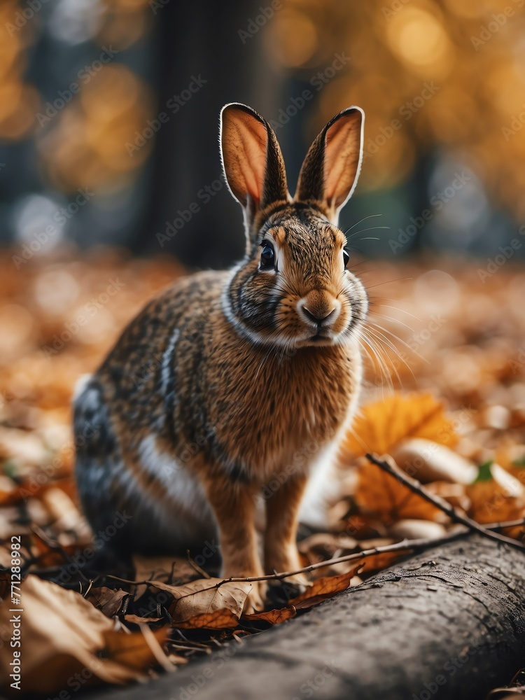 Wall mural portrait of eastern cottontail rabbit on outdoor park in city at autumn with trees on background looking at camera from Generative AI - Wall murals