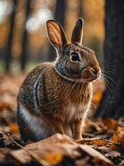 Fototapeta premium portrait of eastern cottontail rabbit on outdoor park in city at autumn with trees on background looking at camera from Generative AI