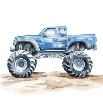 recommend clip art: AI-generated watercolor blue Monster truck clip art illustration. Isolated elements on a white background.	