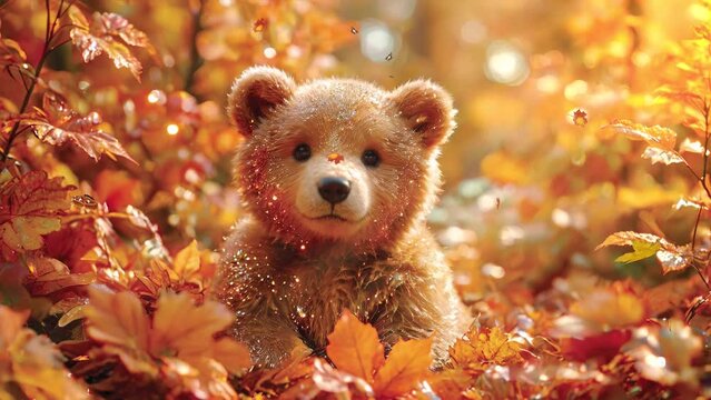 teddy bear in the woods autumn forest 4k looping video