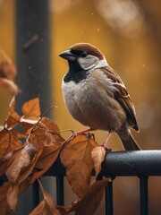 portrait of house sparrow bird on outdoor park in city at autumn with trees on background looking at camera from Generative AI