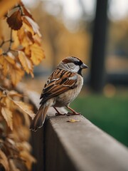 portrait of house sparrow bird on outdoor park in city at autumn with trees on background looking at camera from Generative AI