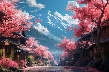 An oil painting style image capturing the tranquil essence of a mountain village in spring, with cherry blossoms framing the path leading to the snow-capped peak. - obrazy, fototapety, plakaty