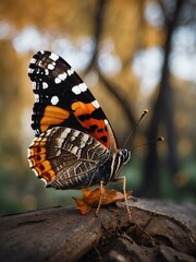 portrait of red admiral butterfly on outdoor park in city at autumn with trees on background looking at camera from Generative AI - obrazy, fototapety, plakaty