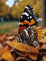 portrait of red admiral butterfly on outdoor park in city at autumn with trees on background looking at camera from Generative AI