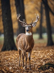 Fototapeta premium portrait of whitetailed deer on outdoor park in city at autumn with trees on background looking at camera from Generative AI