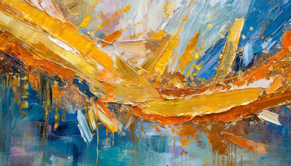 A large stroke oil painting, an art painting, a mural, a modern artwork, paint spots, brushstrokes, golden elements, orange, gold, blue, knife painting