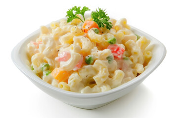 Creamy Macaroni Salad in White Bowl Topped with Fresh Parsley