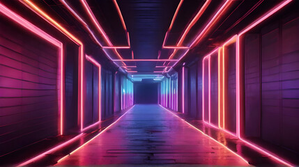Neon light abstract tunnel. Generative AI. 