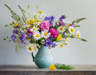 Beautiful bouquet of wild summer flowers in vase against white wall.