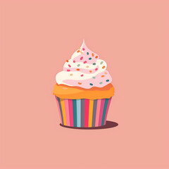 Digital illustration of a cupcake with multicolored sprinkles on a pink background, flat colors