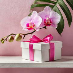 Gift box with and pink orchid on white shelf and on background of pink wall. Greeting card