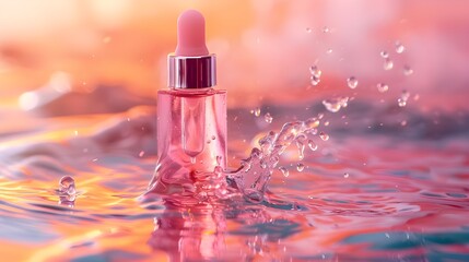 Anti aging serum with collagen and peptides on pink surface with, Transparent bottle of cosmetic gel on a pink background, ai generated   - obrazy, fototapety, plakaty
