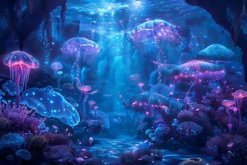 : A fantastical, dreamy ocean, with bioluminescent and crystalline aquatic creatures, glowing and...