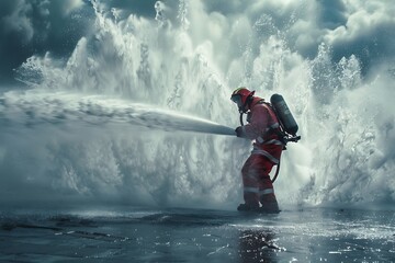 : A firefighter hose blasting water in slow motion - obrazy, fototapety, plakaty